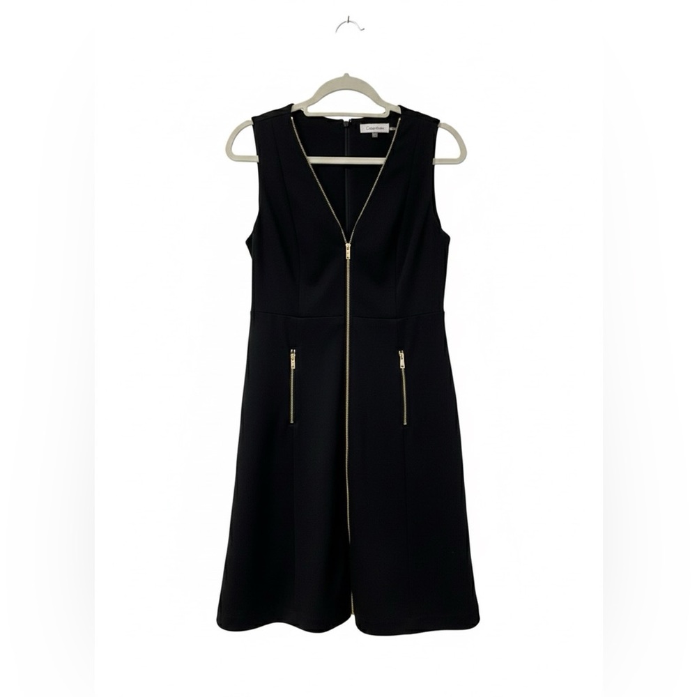 Calvin Klein Black Gold Zip A-Line, V-Neck Midi Dress Sz 6